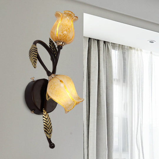 2-Light Dual-Tone Glass Wall Sconce - Traditional Gold/Black Blossom Bedroom Lighting Fixture