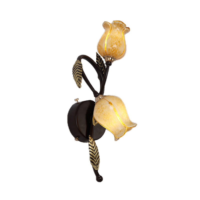 2-Light Dual-Tone Glass Wall Sconce - Traditional Gold/Black Blossom Bedroom Lighting Fixture