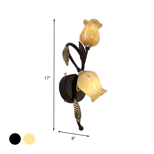 2-Light Dual-Tone Glass Wall Sconce - Traditional Gold/Black Blossom Bedroom Lighting Fixture