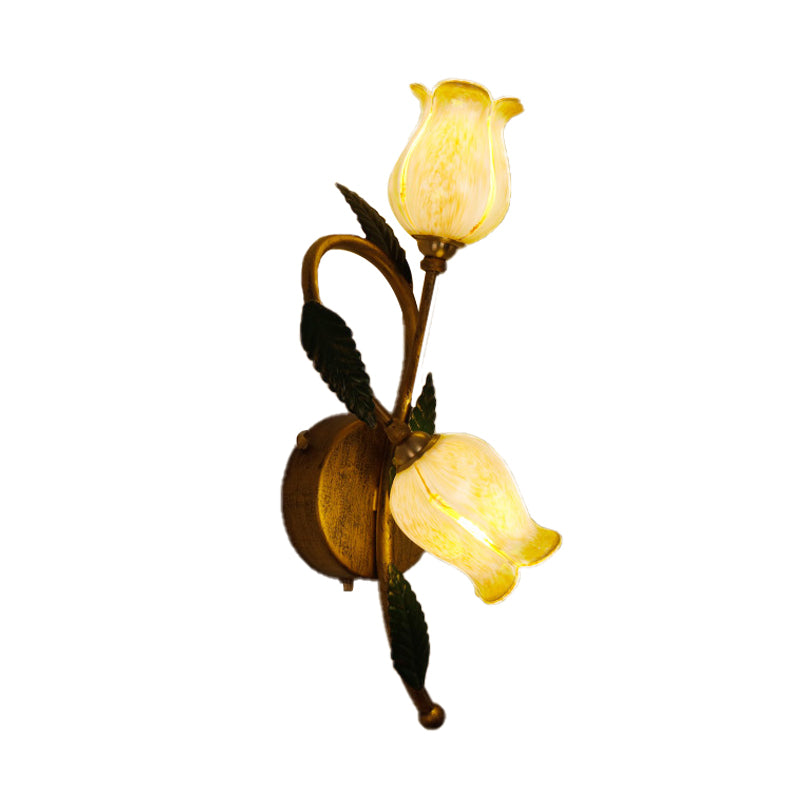 2-Light Dual-Tone Glass Wall Sconce - Traditional Gold/Black Blossom Bedroom Lighting Fixture Gold /