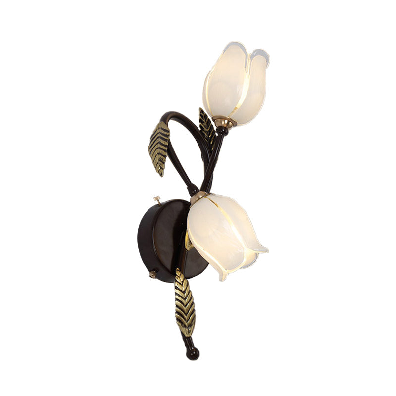 2-Light Dual-Tone Glass Wall Sconce - Traditional Gold/Black Blossom Bedroom Lighting Fixture