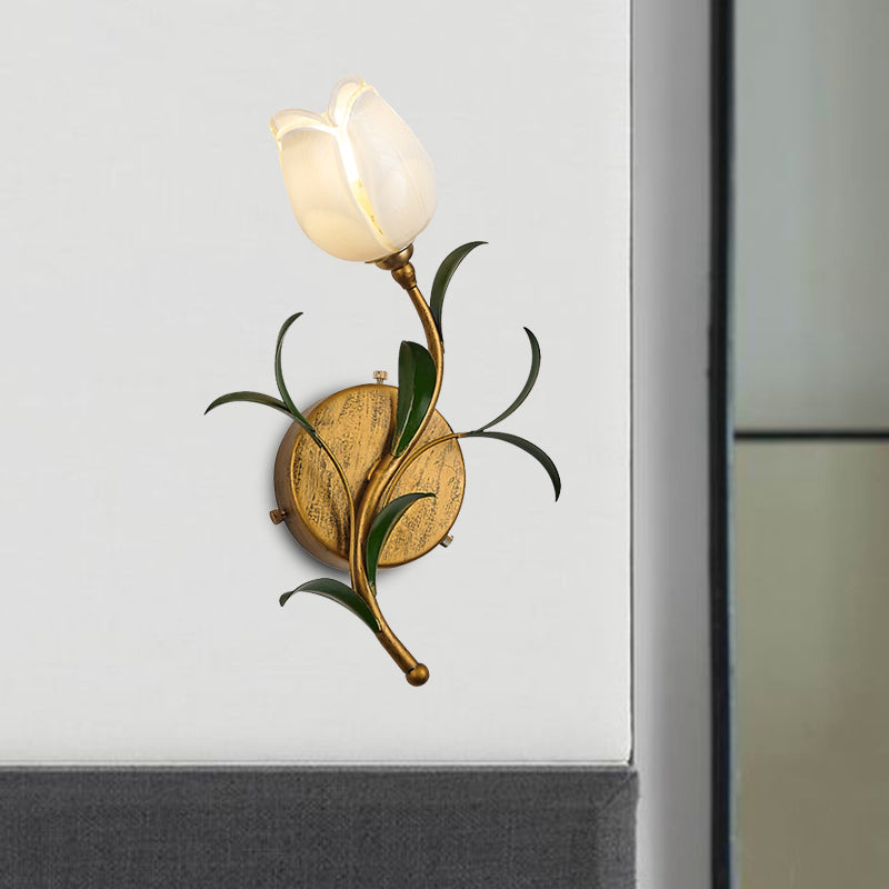 Rustic Floral Wall Sconce Light: Brass 1-Head Lamp With White/Yellow Glass Perfect For Living Room