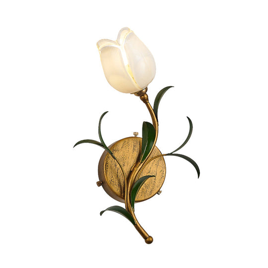 Rustic Floral Wall Sconce Light: Brass 1-Head Lamp With White/Yellow Glass Perfect For Living Room