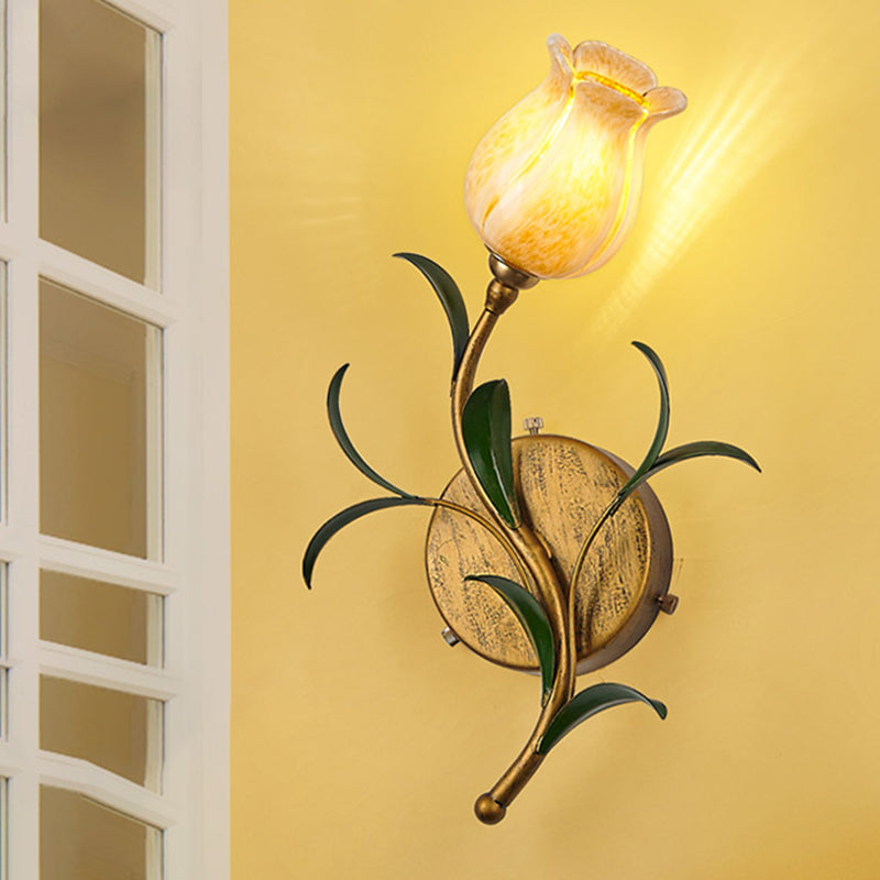 Rustic Floral Wall Sconce Light: Brass 1-Head Lamp With White/Yellow Glass Perfect For Living Room