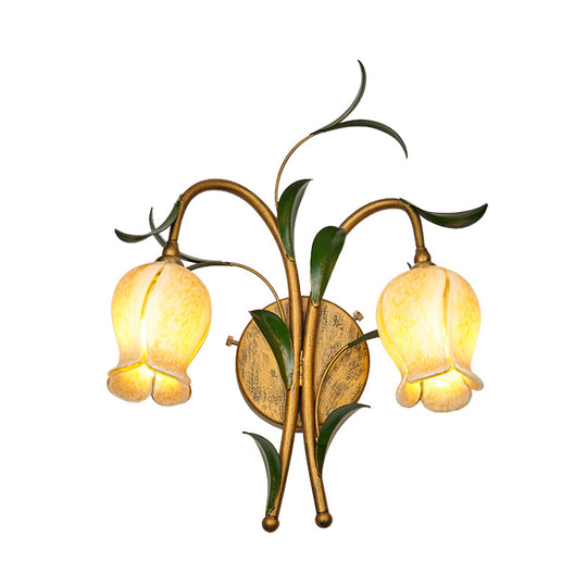 Rustic Brass Petal Wall Mount Sconce Light With White/Yellow Glass - 2/3 Lights For Living Room