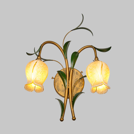 Rustic Brass Petal Wall Mount Sconce Light With White/Yellow Glass - 2/3 Lights For Living Room