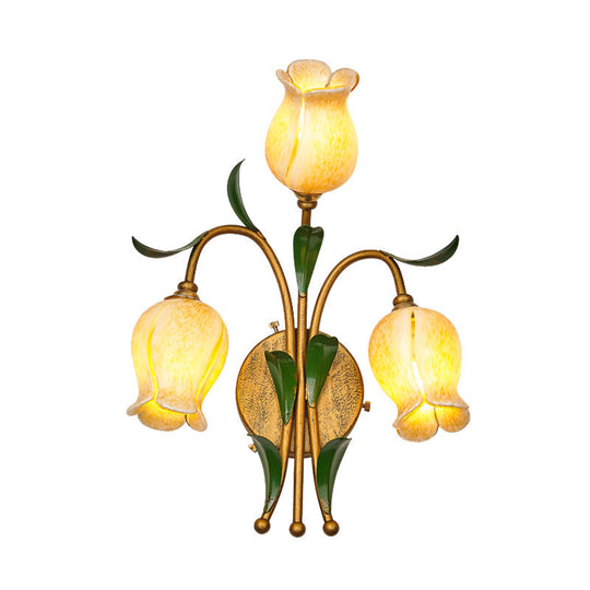 Rustic Brass Petal Wall Mount Sconce Light With White/Yellow Glass - 2/3 Lights For Living Room