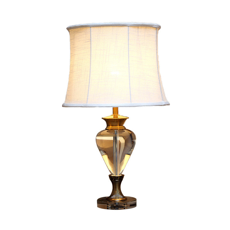 Minimalist Oval Night Lamp With Clear Crystal Accent Beige Finish & Fabric Shade