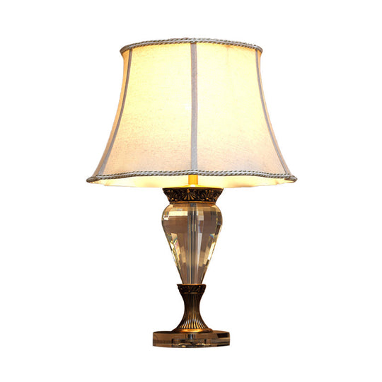 Countryside Beige Fabric Table Lamp With Crystal Accent - 1-Light Bell Nightstand Light