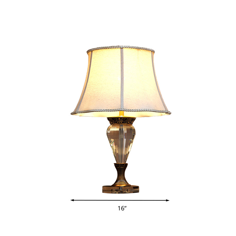 Countryside Beige Fabric Table Lamp With Crystal Accent - 1-Light Bell Nightstand Light