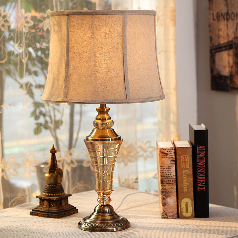 Stylish Beige Bedroom Table Lamp - Rustic Night Light With Tapered Fabric Shade