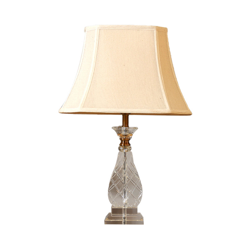 Traditional Beige Fabric Night Lamp With Crystal Base - Bedroom Nightstand Light