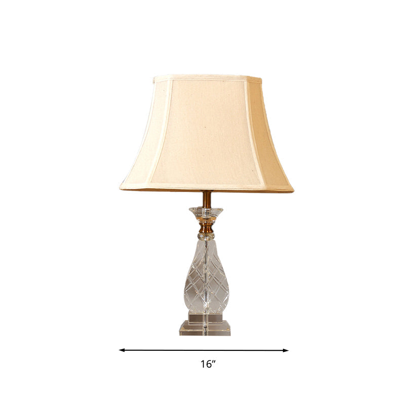 Traditional Beige Fabric Night Lamp With Crystal Base - Bedroom Nightstand Light