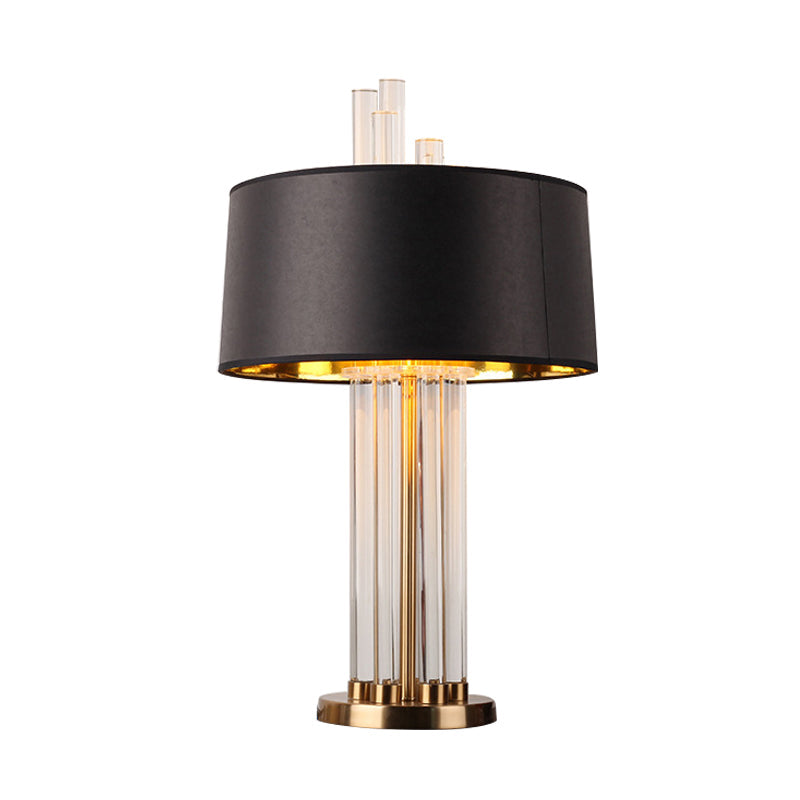 Fabric Drum Table Lamp With Crystal Accent - Elegant Black Night Light For Bedrooms