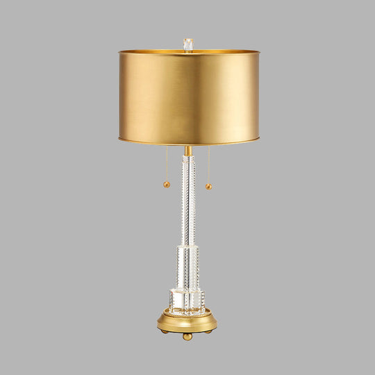 Gold Metal Drum Shade Crystal Table Lamp - Modern Single Bulb Night Light For Bedrooms