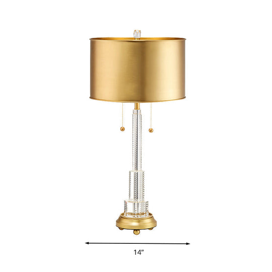 Gold Metal Drum Shade Crystal Table Lamp - Modern Single Bulb Night Light For Bedrooms