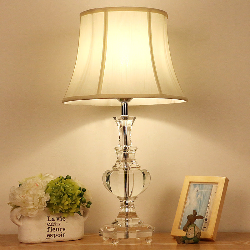 White Fabric Night Lamp With Crystal Base - Elegant Bedroom Table Light 1