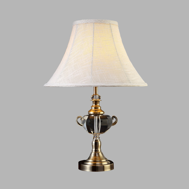 White Fabric Nightstand Lamp: Tapered Traditional 1-Light Table Lamp With Crystal Deco