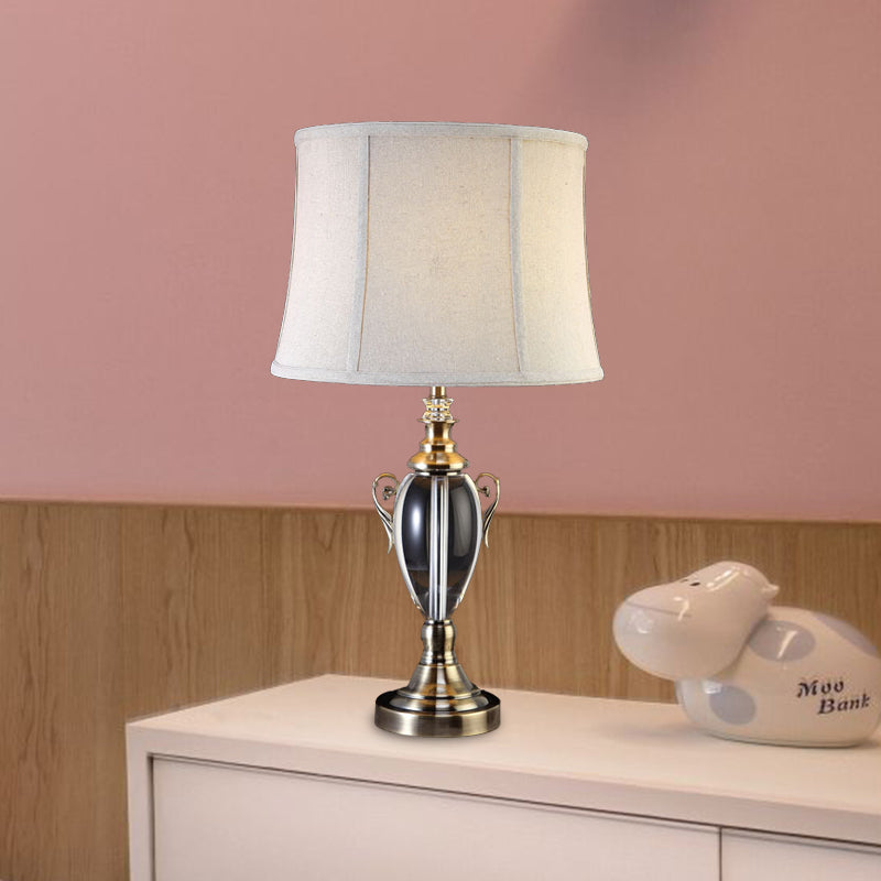 Gray Cream Fabric Panel Table Lamp With Crystal Deco Elegant Nightstand Light