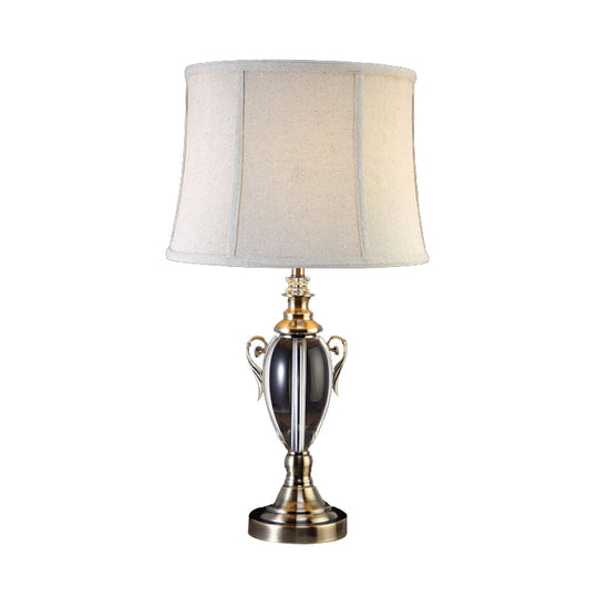 Gray Cream Fabric Panel Table Lamp With Crystal Deco Elegant Nightstand Light