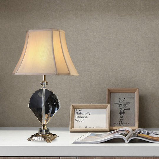 Minimalist Fabric Table Lamp With Leaf Crystal Accent - Beige Night Light