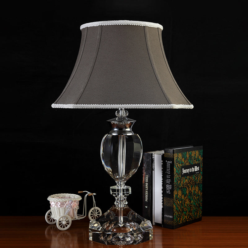 Grey Bell Table Lamp: Countryside Fabric Shade Single Head Bedroom Night Light With Crystal Base