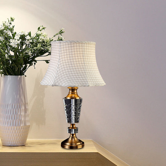 Classic Beige Single Bulb Table Lamp With Fabric Bell Shade And Carved Crystal Base