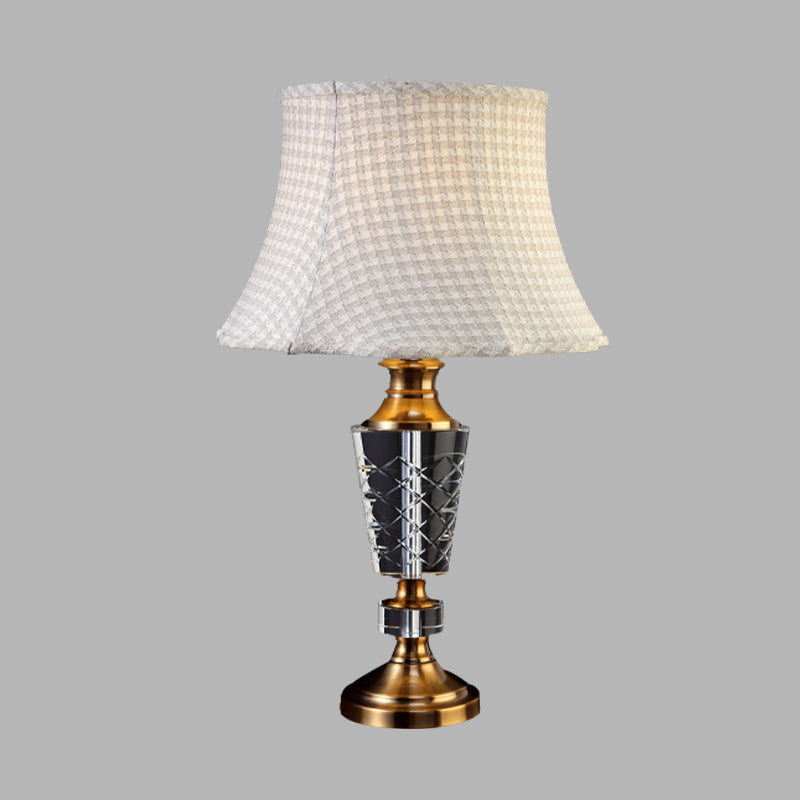 Classic Beige Single Bulb Table Lamp With Fabric Bell Shade And Carved Crystal Base