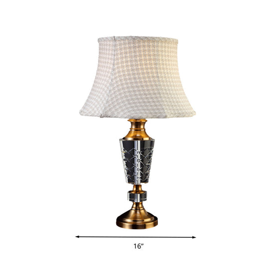 Classic Beige Single Bulb Table Lamp With Fabric Bell Shade And Carved Crystal Base