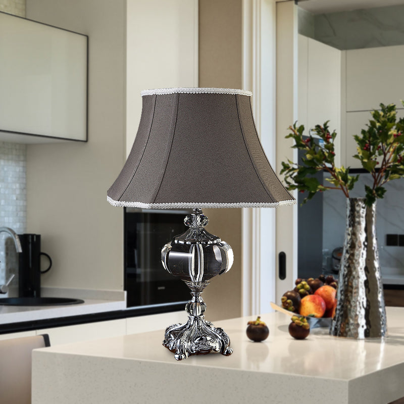 Grey Fabric Nightstand Lamp - Elegant Flared Shade And Crystal Base