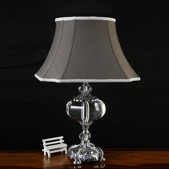 Grey Fabric Nightstand Lamp - Elegant Flared Shade And Crystal Base