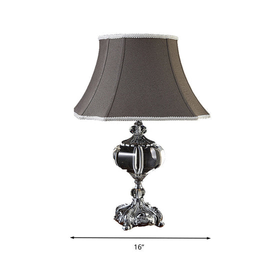 Grey Fabric Nightstand Lamp - Elegant Flared Shade And Crystal Base