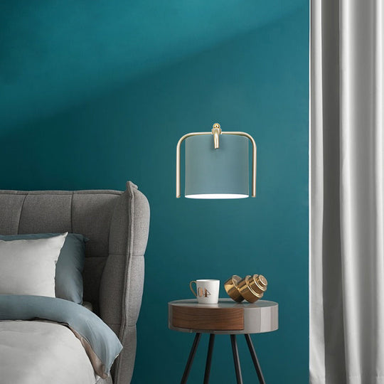 Contemporary Green/Grey Sconce With Tube Metal Shade For Bedroom Wall Lighting