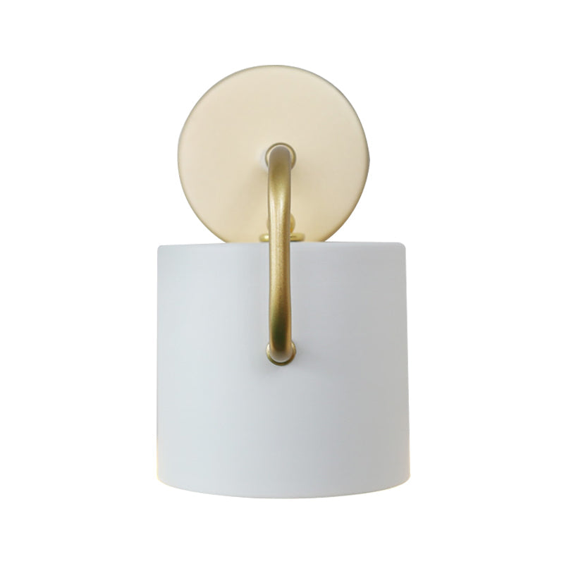 Contemporary Cylinder Wall Lamp With Curved Arm - White Metal Sconce Light Fixture (1 Bulb)