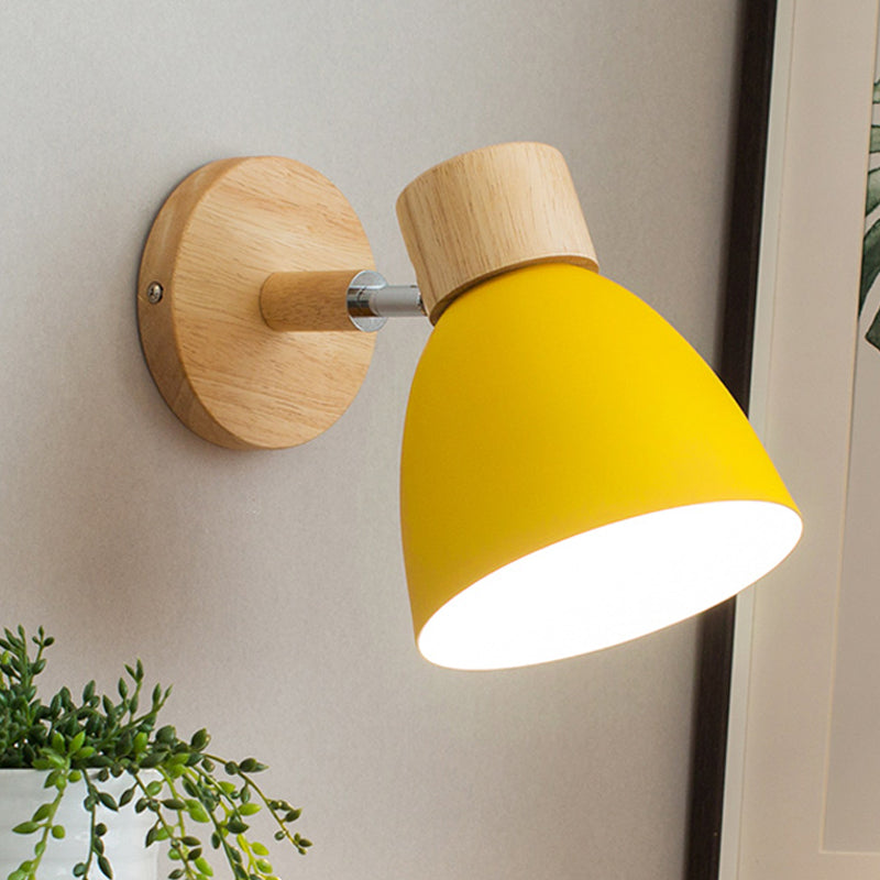 Modern Yellow Metal Flare Wall Sconce With Wood Circle Backplate