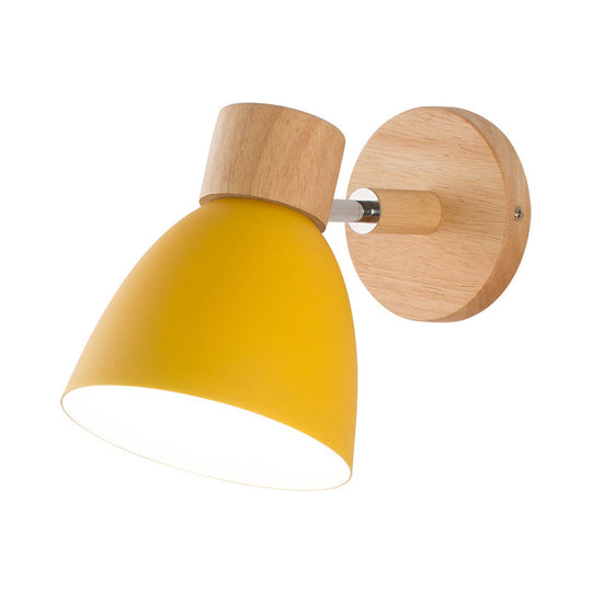 Modern Yellow Metal Flare Wall Sconce With Wood Circle Backplate