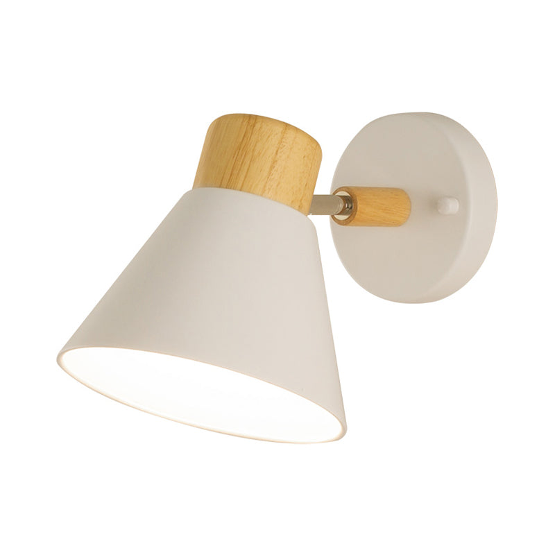 Modern Conical Sconce With Wood Cap: White Metal Wall Mount Light Fixture (1 Bulb)