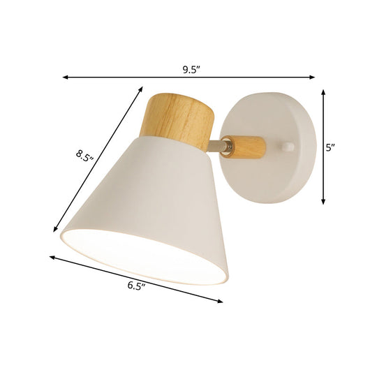 Modern Conical Sconce With Wood Cap: White Metal Wall Mount Light Fixture (1 Bulb)