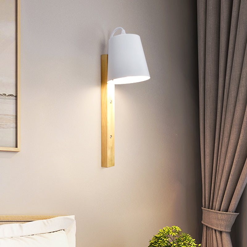 Modern Metal Bell Wall Lamp - 1 Head Black/White Sconce Light Fixture With Wood Backplate White