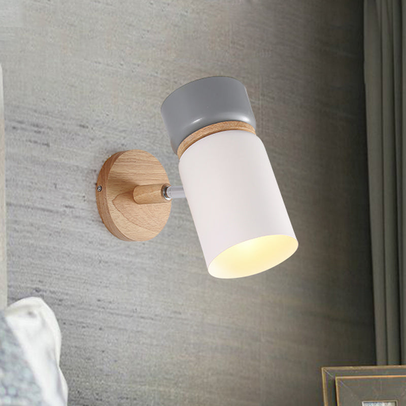 Cylinder Sconce Light: Modern Grey/White Metal Wall Mounted Lighting With Round Wood Backplate