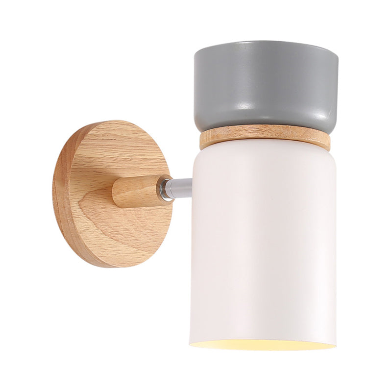 Cylinder Sconce Light: Modern Grey/White Metal Wall Mounted Lighting With Round Wood Backplate