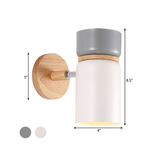 Cylinder Sconce Light: Modern Grey/White Metal Wall Mounted Lighting With Round Wood Backplate