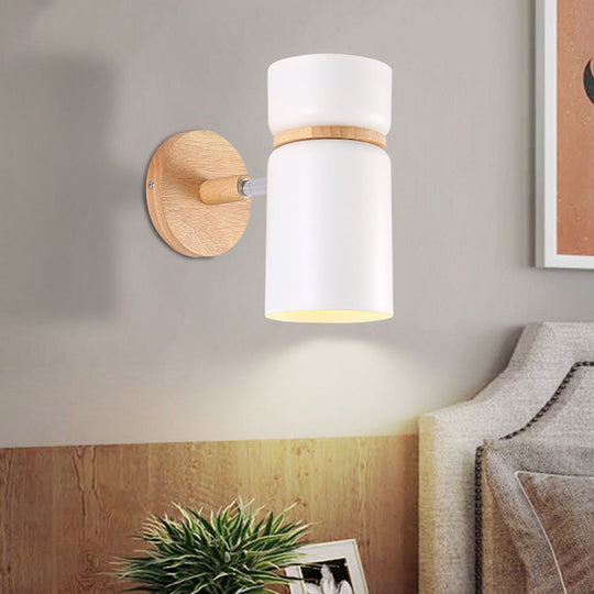 Cylinder Sconce Light: Modern Grey/White Metal Wall Mounted Lighting With Round Wood Backplate White