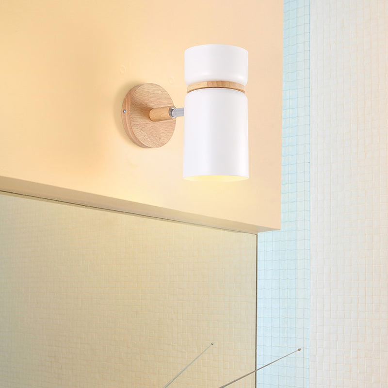 Cylinder Sconce Light: Modern Grey/White Metal Wall Mounted Lighting With Round Wood Backplate