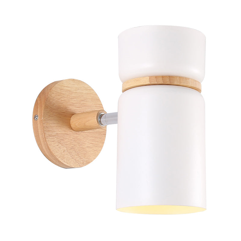 Cylinder Sconce Light: Modern Grey/White Metal Wall Mounted Lighting With Round Wood Backplate