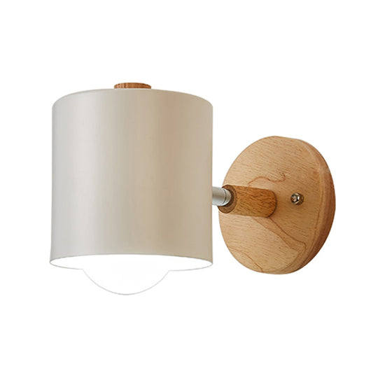 Contemporary Tube Metal Wall Sconce With Wood Backplate - 1 Head White/Green Light Fixture