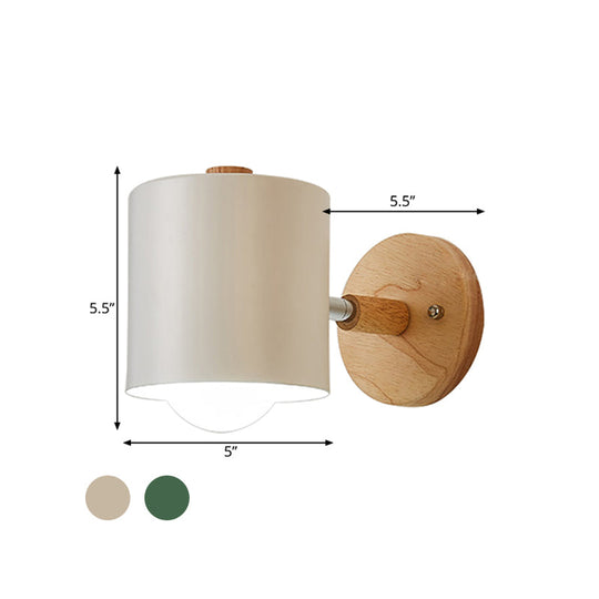 Contemporary Tube Metal Wall Sconce With Wood Backplate - 1 Head White/Green Light Fixture