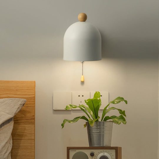 Contemporary Tube Metal Wall Lamp - 1 Head White Sconce Light With Swing Wood Arm And Pull Chain