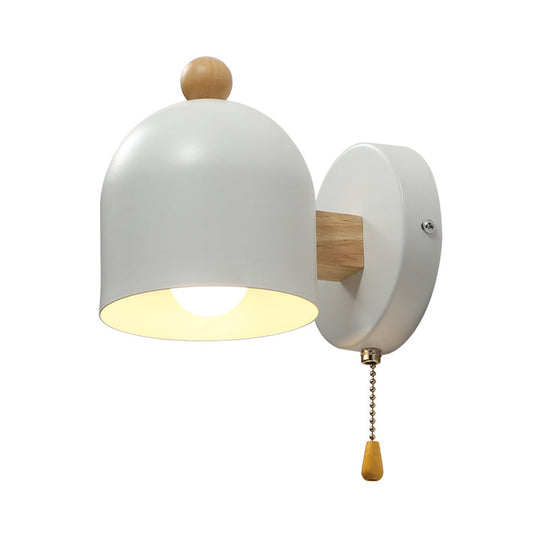 Contemporary Tube Metal Wall Lamp - 1 Head White Sconce Light With Swing Wood Arm And Pull Chain