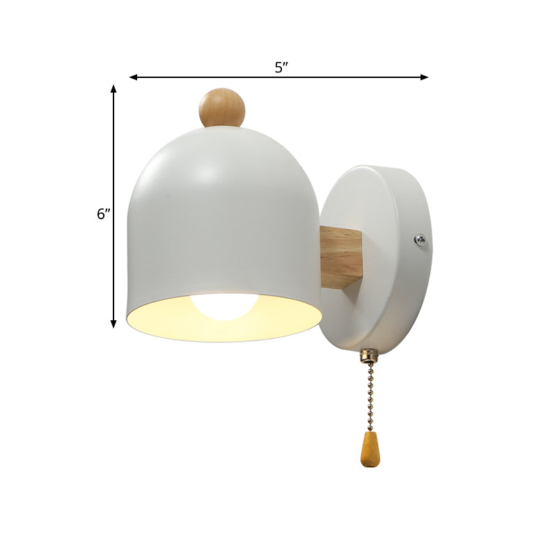 Contemporary Tube Metal Wall Lamp - 1 Head White Sconce Light With Swing Wood Arm And Pull Chain